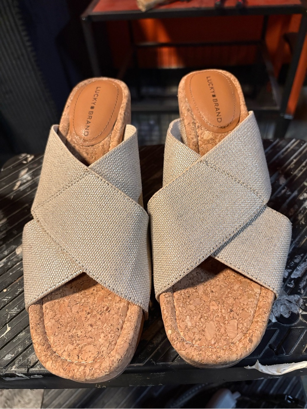 Lucky Brand Neutral Beige Crossband Cork Slide Mules